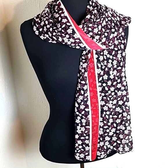 Calvin Klein Chiffon Scarf, Black & Maroon w/White Flowers, Pink Stripe, 60x24 - Picture 5 of 5